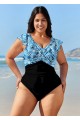 Blue Zebra Print Short Sleeve Plus Size Swimsuit Swimwear One Piece Swimsuit