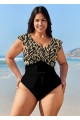 Plus Size Black Geometric Print Short Sleeve Swimsuits One Piece Swimsuit