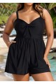 Plain Black Bowknot Pocket Gathered Romper One Piece Swimsuit