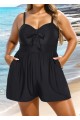 Plain Black Bowknot Pocket Gathered  Romper One Piece Swimsuit