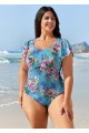 Plus Size Blue Floral Short Sleeve Swimsuit One Piece Swimsuit