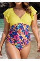 Yellow with Tropical Floral Print Ruffle Sleeved One Piece Swimsuit