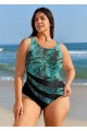 Plus Size Green Leaf Print Color Block Swimsuit One Piece Swimsuit