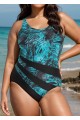 Plus Size Green Leaf Print Color Block Swimsuit One Piece Swimsuit