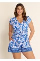 Blue White Floral Short Sleeves Wrap Pocket Curvy One Piece Swimsuit Swim Romper