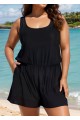 Plus Size Black Wide Strap Pocket 1 Piece Bathing Suits Romper One Piece Swimsuit