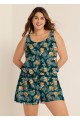 Green Swimming Costume Tropical Floral Scoop Neck Wide Strap Pocket Plus Size Swim Romper