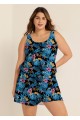 Blue One Piece Swim Romper Floral Scoop Neck Wide Strap Pocket Swimwear