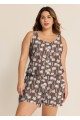 Brown Coconut Tree Print Swimwear Scoop Neck Wide Straps and Pocket One Piece Swim Romper