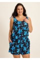 Plus Size Blue Floral Vintage Wide Straps Pocket Women's Swimsuit One Piece Swim Romper