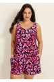 Plus Size Pink Floral Modest Wide Straps Pocket Women's Swimsuit One Piece Swim Romper