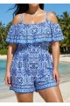 Curvy Blue Floral Print Off The Shoulder Flattering Ruffle Swimsuit One Piece Swim Romper