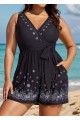 Plus Size Black Paisley Print Pocket Lace Up V Neck Wrap One Piece Swimsuit Swim Romper