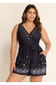 Plus Size Black Paisley Print Pocket Lace Up V Neck Wrap One Piece Swimsuit Swim Romper