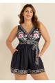 Black Floral Pocket Lace Up V Neck Wrap Curvy One Piece Swimsuit Swim Romper