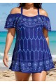 Plus Size  Navy Off The Shoulder Line Flowers Women One Piece Swimdress