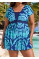 Plus Size Blue Geometric Print Short Sleeve Swimdress Top