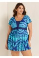 Plus Size Blue Geometric Print Short Sleeve Swimdress Top