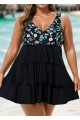 Plus Size Floral Print V Neck Layered Swimdress Top