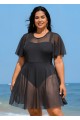 Plus Size Black High Neck Mesh Sleeves One Piece Swimdress