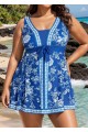 Plus Size Blue And White Floral Front Tie V Neck Swimsuit Swimdress Set