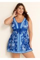 Plus Size Blue And White Floral Front Tie Scoop Neck Swimsuit Swimdress Set