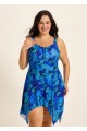 Tropical Leaf Flattering Drawstring Asymmetrical Hem Plus Size Swimsuit One Piece Swimdress