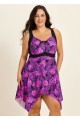 Purple Tropical Leaf Modest Drawstring Asymmetrical Hem Curvy Swimsuit One Piece Swimdress