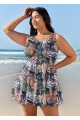 Curvy Navy Leaf Print Modest Swimsuit And Swimwear Swimdress Set