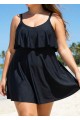 Black Layered Ruffle Trim Adjustable Strap Elegant One Piece Swimdress