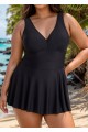 Black Ruched Wide Strap Fashionable Modest Plus Size One Piece Swimdress