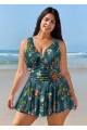Plus Size Green Floral Tummy Control Swimsuits One Piece Swimdress