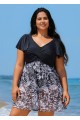 Black And White Print Short Sleeve Cross Front Ruffle One Piece Swimdress