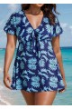 Blue Leaf Print Front Knot Short Sleeve Swimdress Set