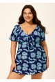 Blue Leaf Print Front Knot Short Sleeve Swimdress Set