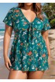 Green V Neck Floral Print Front Twisted Trendy Ruffle Swimdesse Set