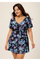 Black V Neck Floral Print Front Knot Short Sleeve Swimdress Set