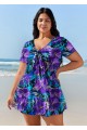 Curvy Purple Floral Short Sleeve Bathing Suits Swimdress Set