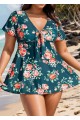Plus Size Green Floral Short Sleeve Ladies Bathing Suits Swimdress Set