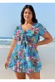 Curvy Blue Floral Short Sleeve Swimsuit And Swimwear Swimdress Set