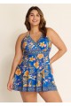 Curvy Blue Floral Double Straps Halter V Neck Swim Dress Swimdress Top