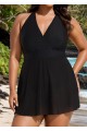 Black V Neck Mesh Fashion Plus Size One Piece Swimdress