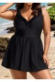 Black Plus Size Solid Color V Neck Ruffle One Piece Swimdress