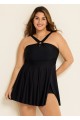 Black Hollow Side Slit Fashion One Piece Swimdress