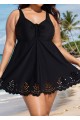 Plus Size Black Laser Cut Ruched Drawstring Swim Skirts For Women One Piece Swimdress