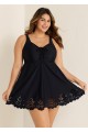 Plus Size Black Laser Cut Ruched Drawstring Swim Skirts For Women One Piece Swimdress