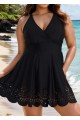 Curvy Black Laser Cut Ruched Swim Skirts For Women One Piece Swimdress
