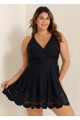 Curvy Black Laser Cut Ruched Swim Skirts For Women One Piece Swimdress