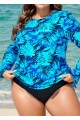Plus Size Side Tie Adjustable Long Sleeve Rash Guard Tankini Top