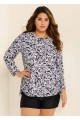 White Round Neck Long Sleeve Floral Printed Side Tie Plus Size Tankini Top